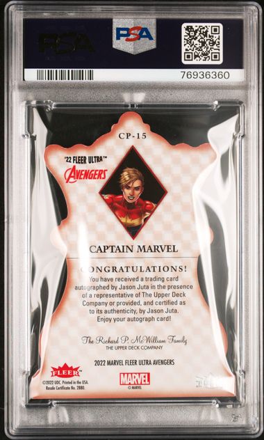2022 FLEER ULTRA AVENGERS CHECKMATE #CP15 CAPTAIN MARVEL CHECKMATE-JASON JUTA AUTO PSA 9 SC7