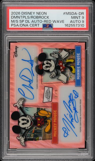 2026 TOPPS DISNEY NEON CHROME MICKEY SHORTS SHORT PRINTS DUAL AUTOGRAPHS #MSDA-DR DMNTPLS/ROBROCK M/S SP DL AUTO-RED WAVE PSA 9 AUTO 9 HS7438