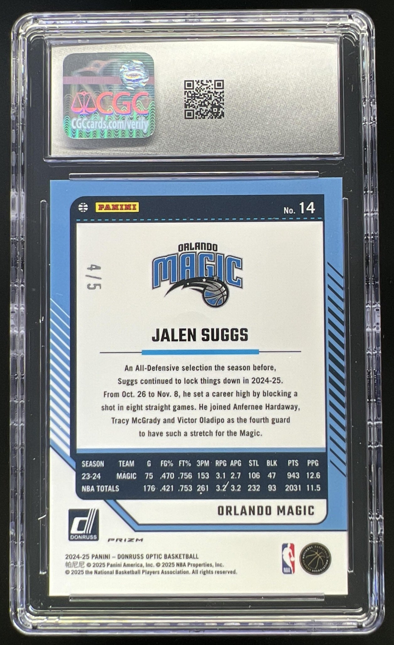 2024 Panini Donruss Optic Jalen Suggs Green Prizm 4/5 #14 Magic CGC 9