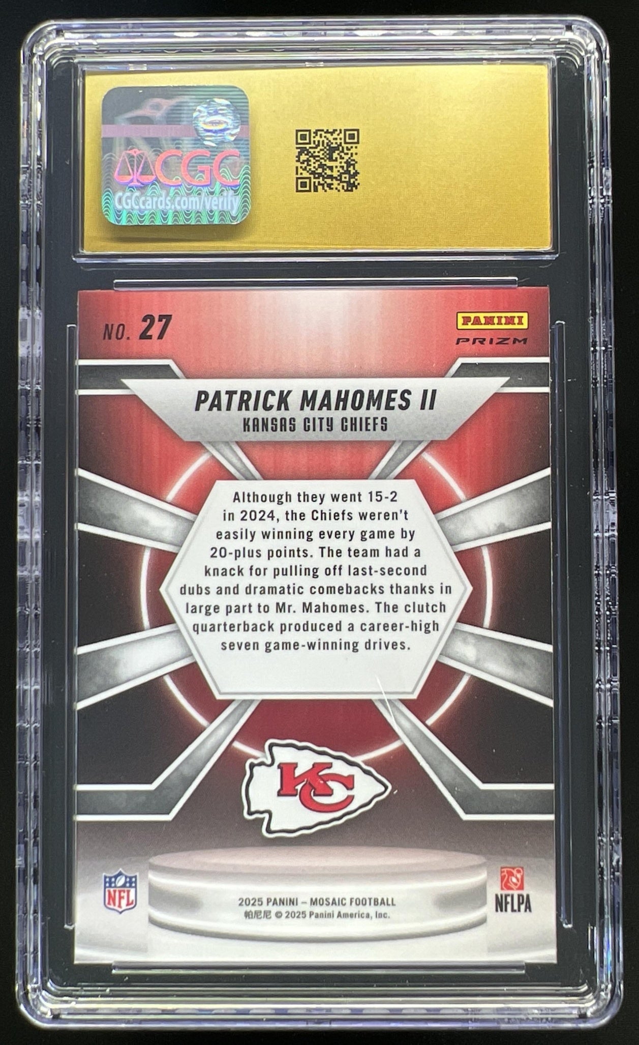 2025 Panini Mosaic Patrick Mahomes II Center Stage #27 Chiefs CGC Pristine 10