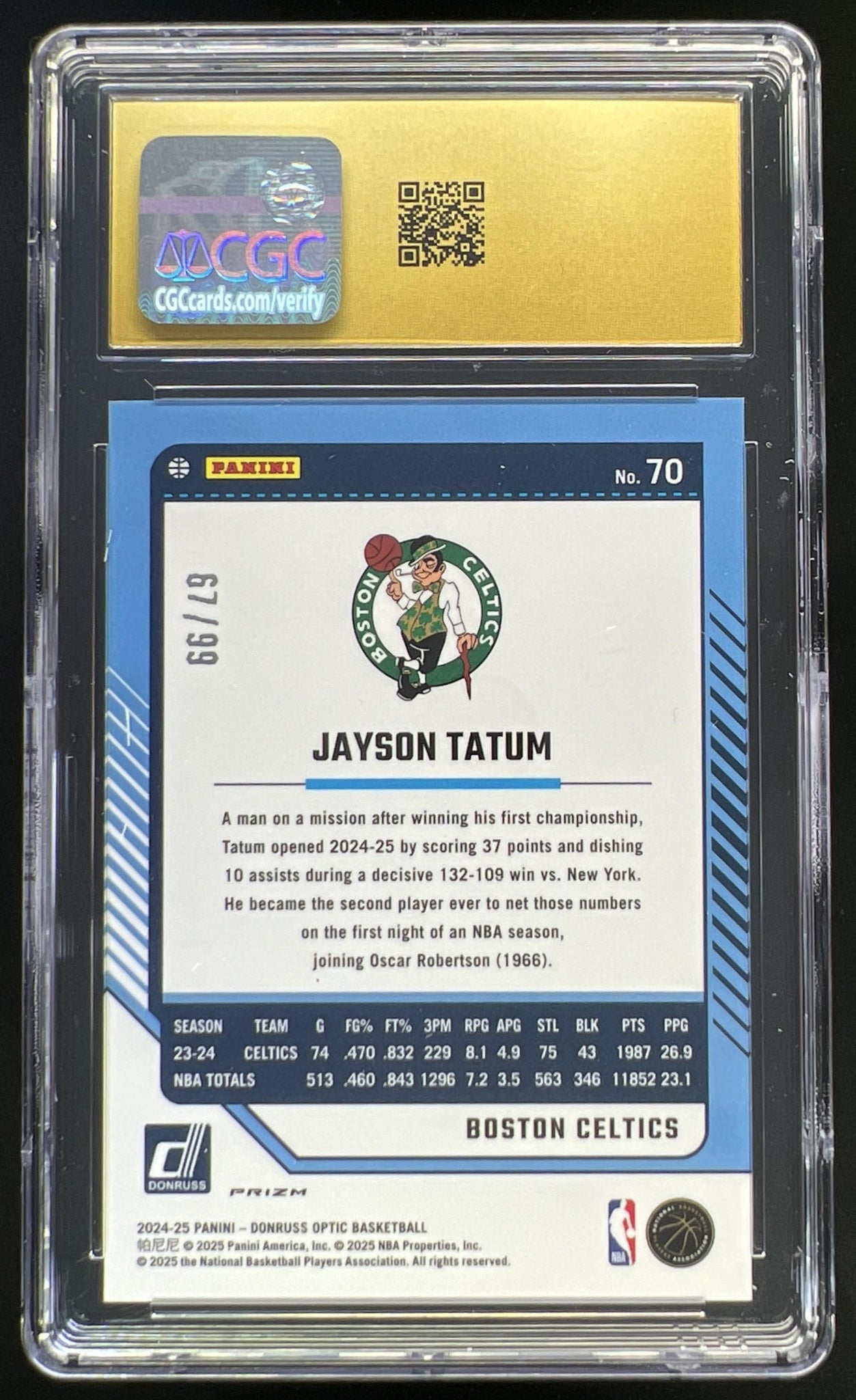 2024 Panini Donruss Optic Jayson Tatum Red &amp; Gold International Prizm /99 #70 Celtics CGC Pristine 10