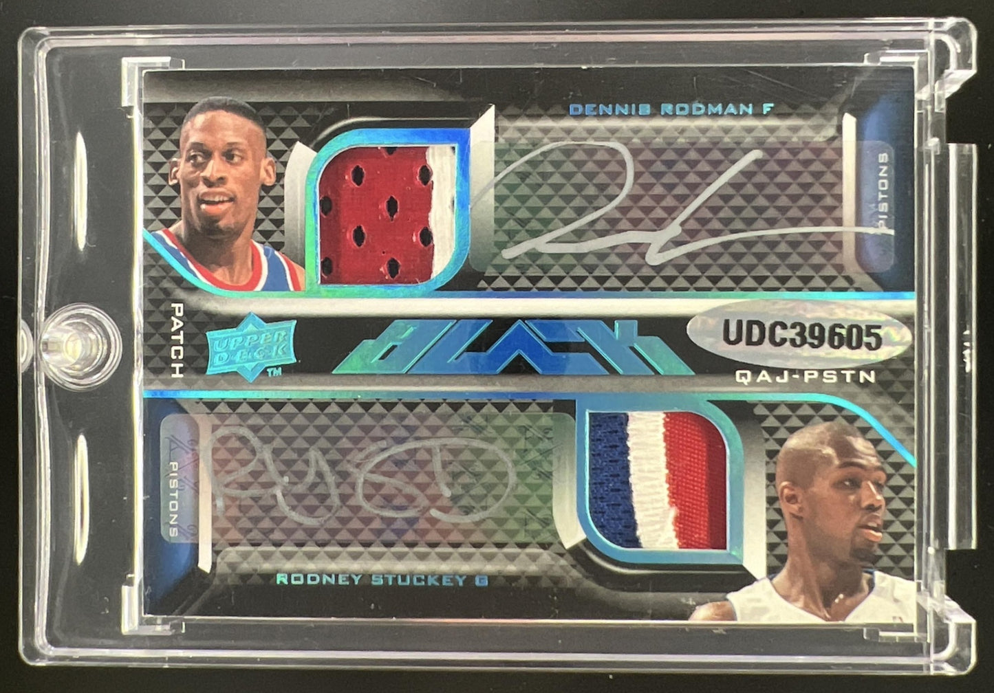 2009 Upper Deck Black Isiah Thomas Tayshaun Prince Dennis Rodman Rodney Stuckey Quad Patch Auto 1/1 #QAJ-PSTN