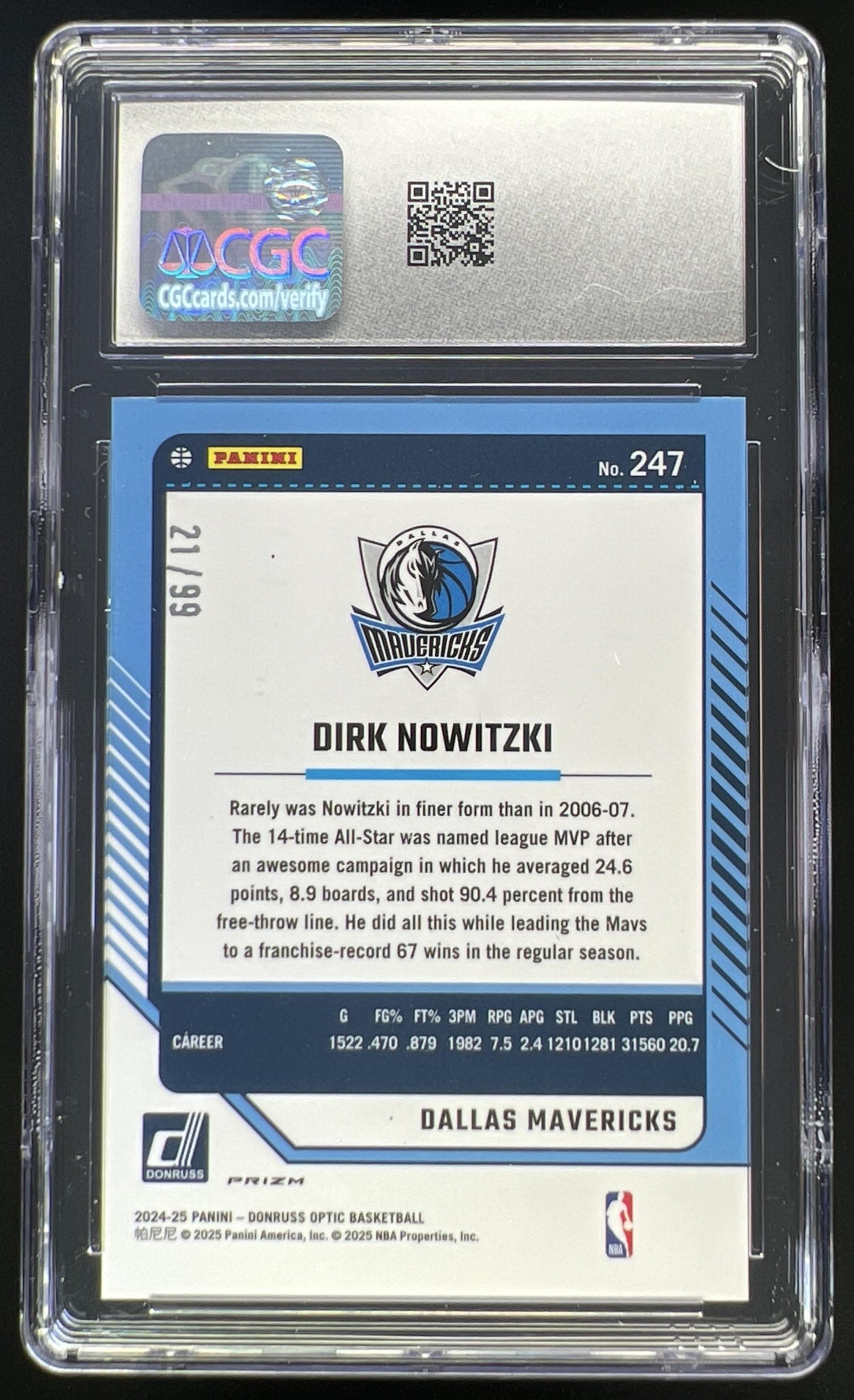2024 Panini Donruss Optic Dirk Nowitzki Red Prizm /99 #247 Legend Mavericks CGC 10