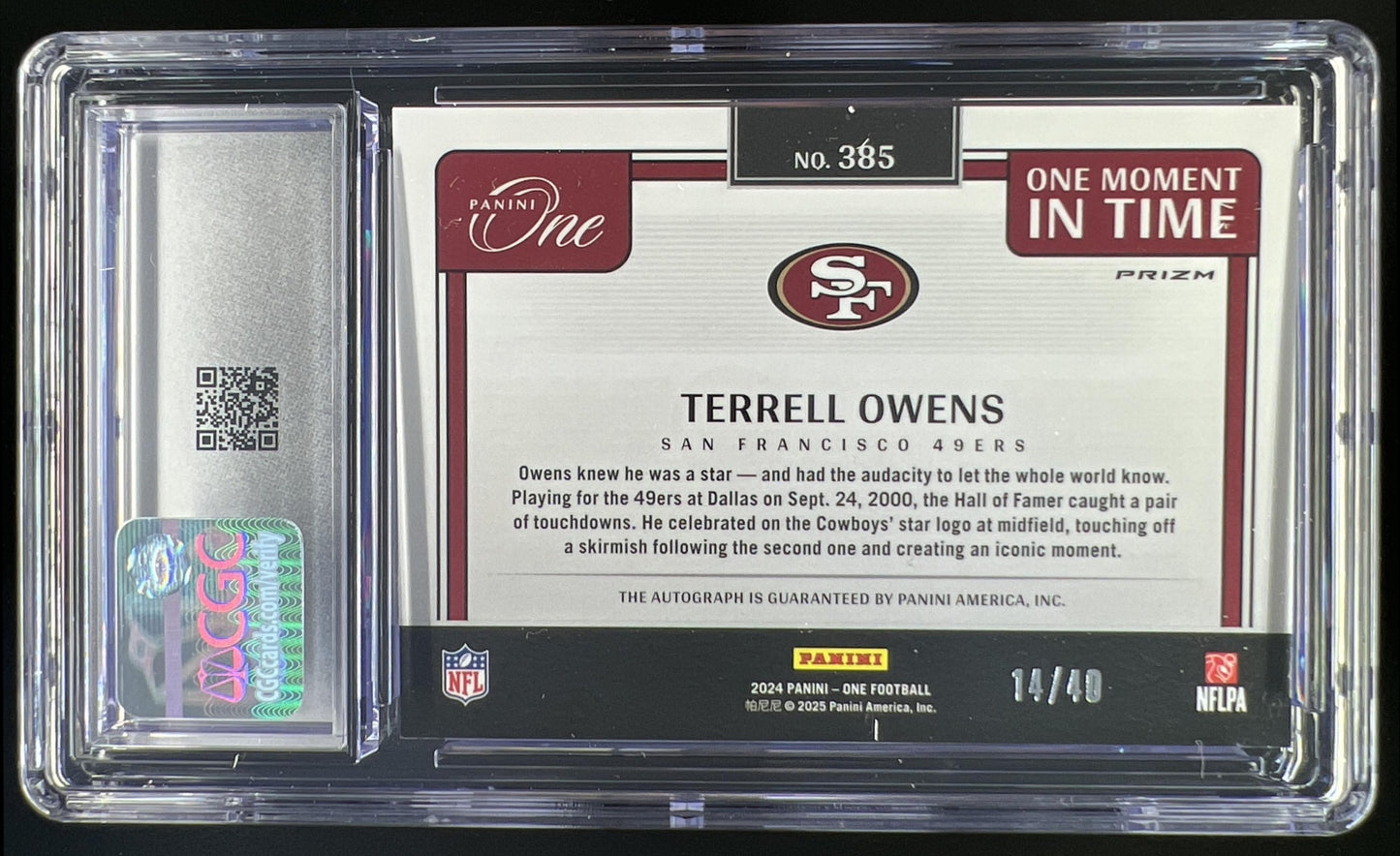 2024 Panini One Terrell Owens Moment in Time Auto Green 14/40 #385 49ers CGC 9