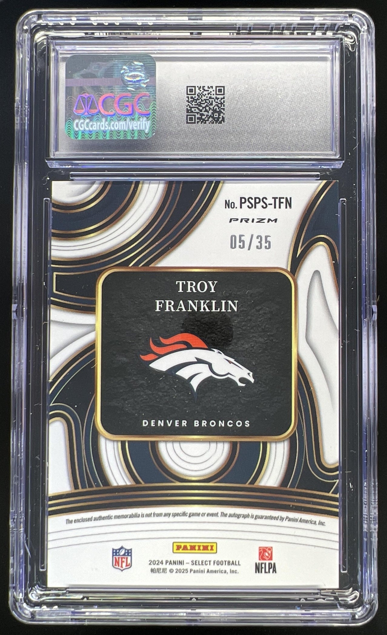 2024 Panini Select Troy Franklin Prime Selections Signatures Neon Orange Pulsar Prizm /35 #PSPS-TFN MEM RC Auto Broncos CGC 9
