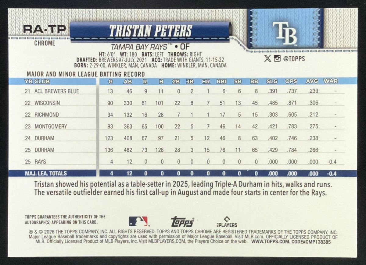 2026 Topps Chrome Tristan Peters Rookie Auto White Refractor /30 #RA-TP RC Rays SC4