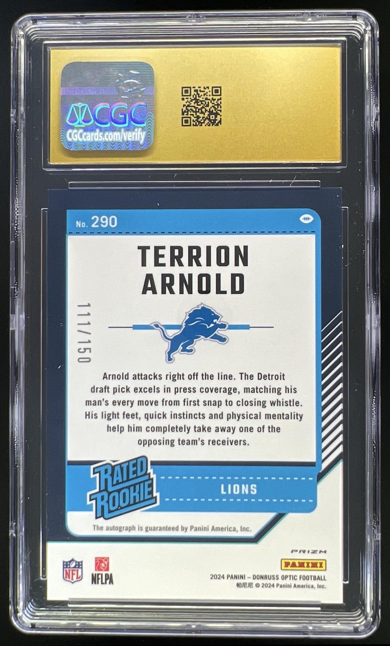 2024 Panini Donruss Optic Terrion Arnold Rated Rookie Auto Holo /150 #290 Lions CGC Pristine 10