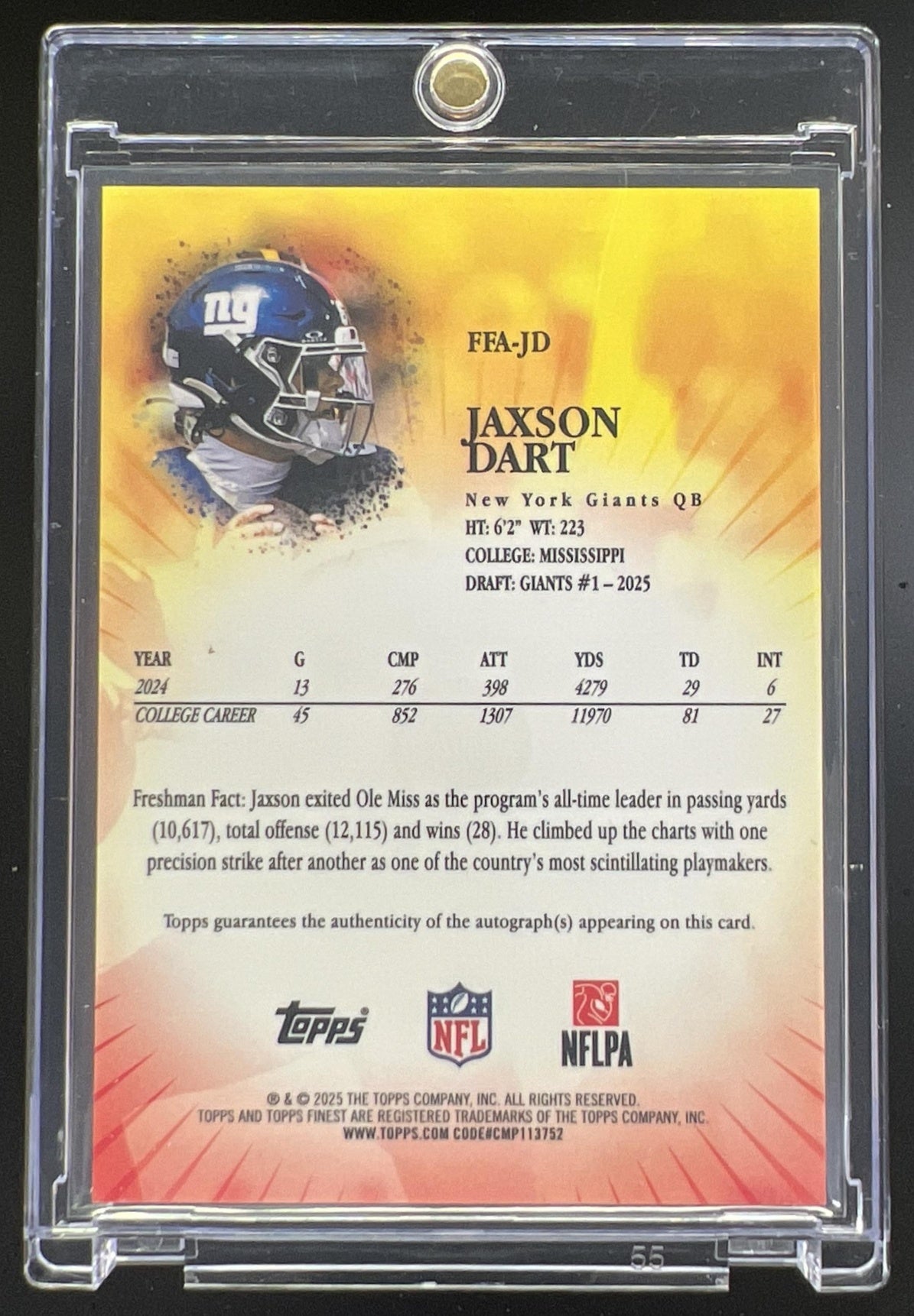 2025 Topps Finest Jaxson Dart Freshman Auto Black Refractor /10 #FFA-JD RC Giants