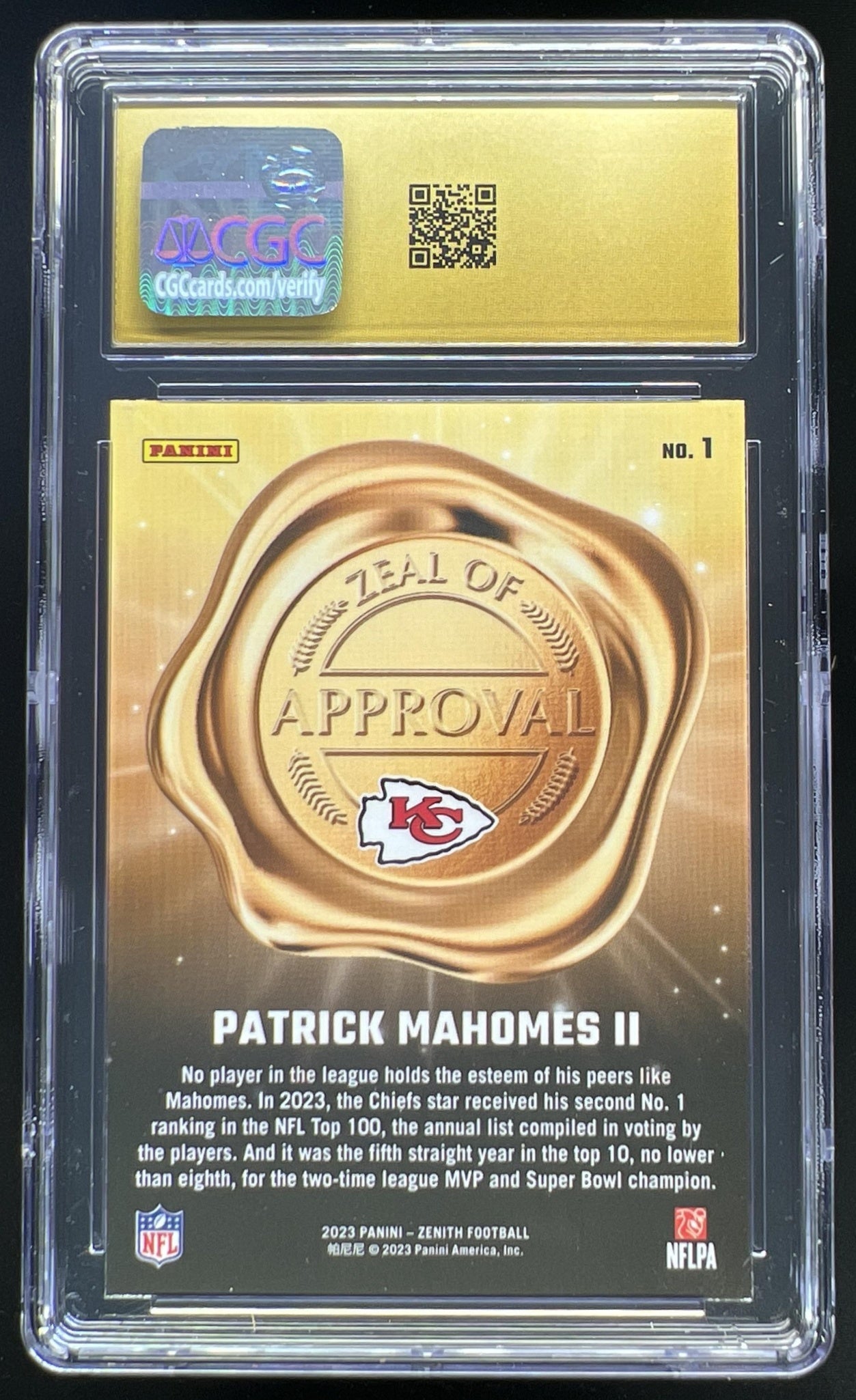2023 Panini Zenith Patrick Mahomes II Zeal of Approval Blue #1 CGC Pristine 10