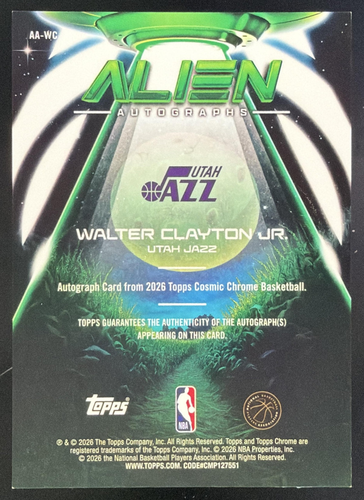 2025 Topps Cosmic Chrome Walter Clayton Jr. Alien Auto Black Eclipse Refractor /10 #AA-WC RC Jazz SC5