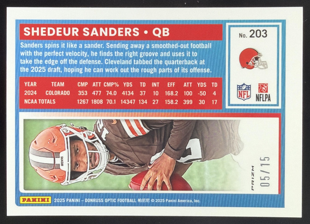 2025 Panini Donruss Optic Shedeur Sanders Rated Rookie Purple Stars Prizm /15 #203 Browns SC2