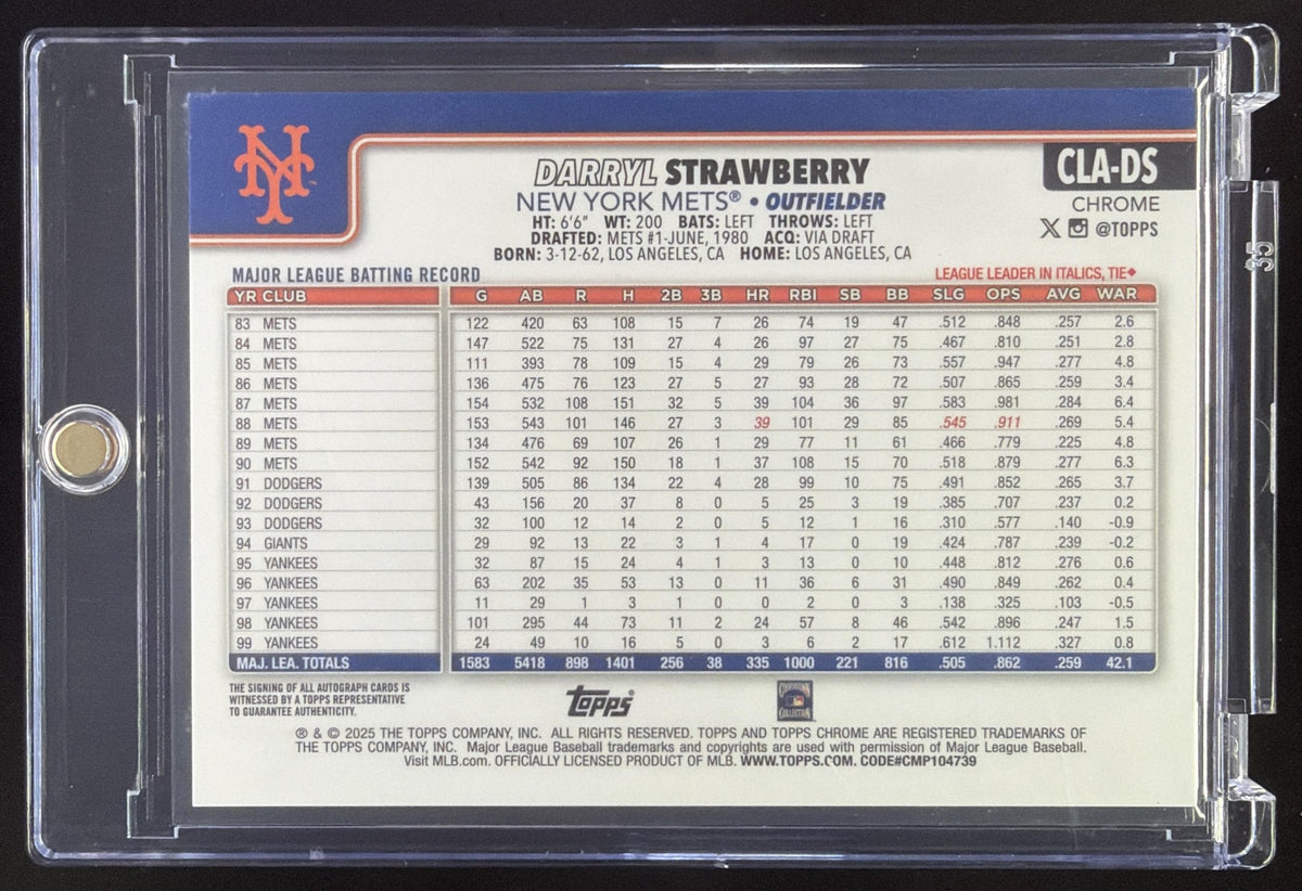 2025 Topps Chrome Darryl Strawberry Legends Auto Black Refractor /10 #CLA-DS Mets