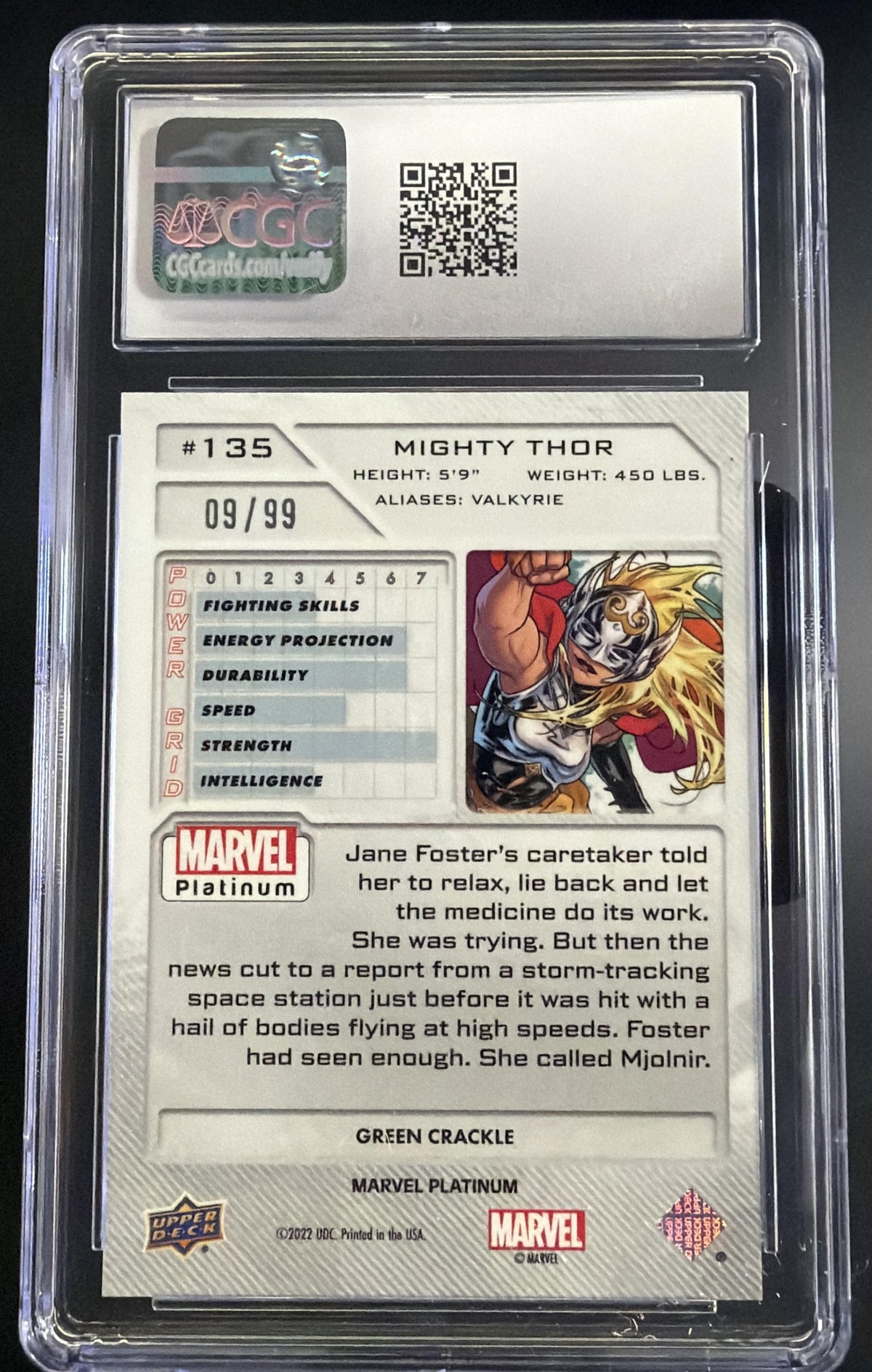 2023 Upper Deck Marvel Platinum Mighty Thor Jane Foster Green Crackle /99 #135 CGC 10 SC7