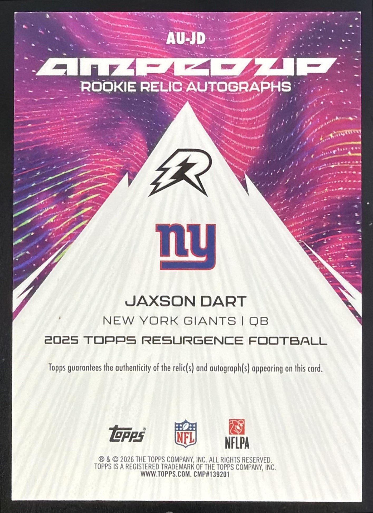 2025 Topps Resurgence Jaxson Dart Amped Up Rookie Relic Auto Pink Power Surge Refractor /10 #AU-JD MEM RC Giants
