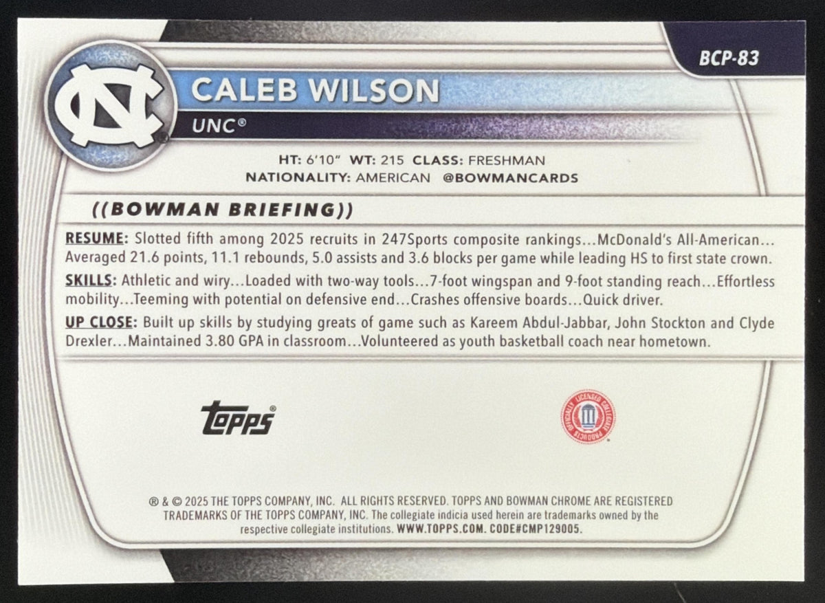 2025 Bowman Caleb Wilson Chrome Fuchsia Refractor /199 #BCP-83 1st Prospect Tar Heels SC4