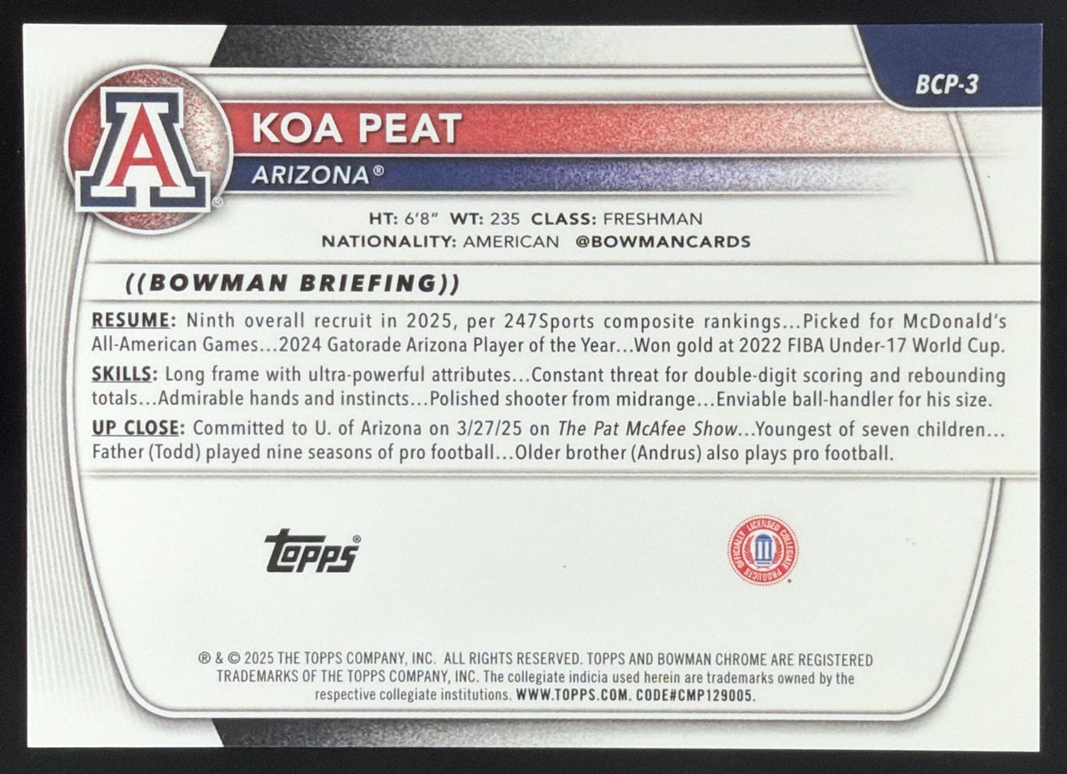 2025 Bowman Koa Peat Chrome Rose Gold Mini Diamond Refractor /15 #BCP-3 1st Prospect Wildcats SC5