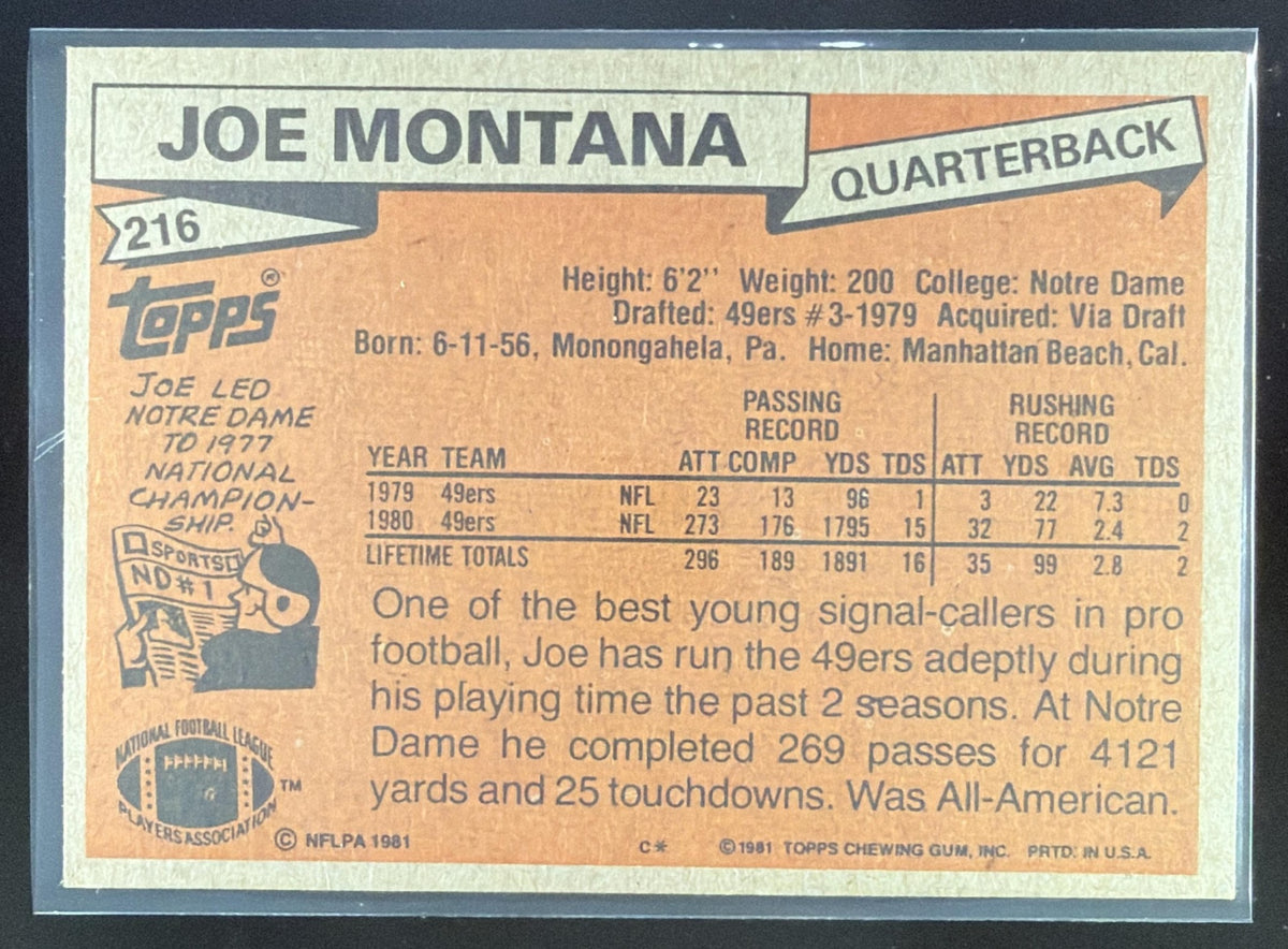 1981 Topps Joe Montana #216 RC San Francisco 49ers