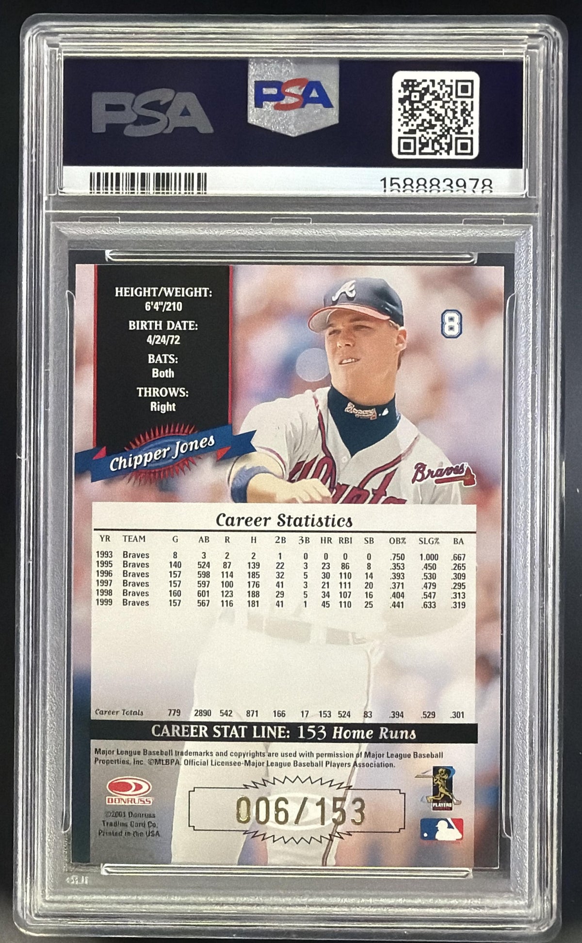 2001 Donruss Chipper Jones 2000 Retro Stat Line Career /153 #8 Braves PSA 9