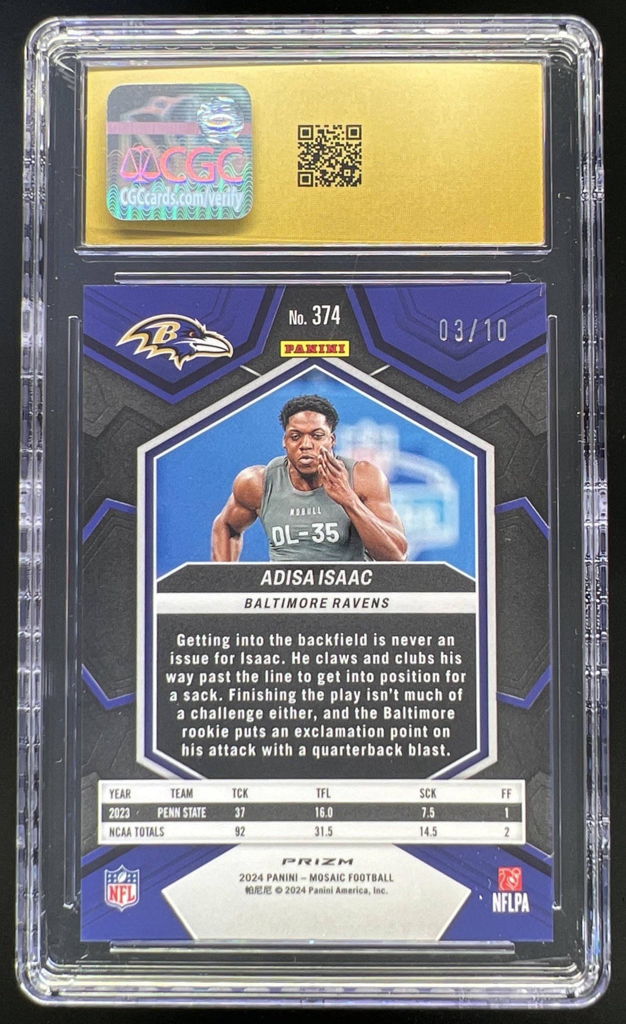 2024 Panini Mosaic Adisa Isaac No Huddle Gold Prizm /10 #374 RC Ravens CGC Pristine 10
