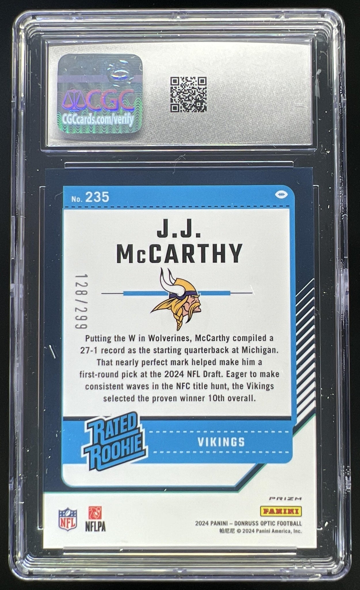 2024 Panini Donruss Optic J.J. McCarthy Aqua /299 #235 Rated Rookie Vikings CGC 9