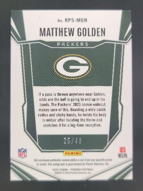 2025 Panini Phoenix Matthew Golden RPS Rookie Patch Auto Blue Prizm /49 #RPS-MGN MEM RC Packers