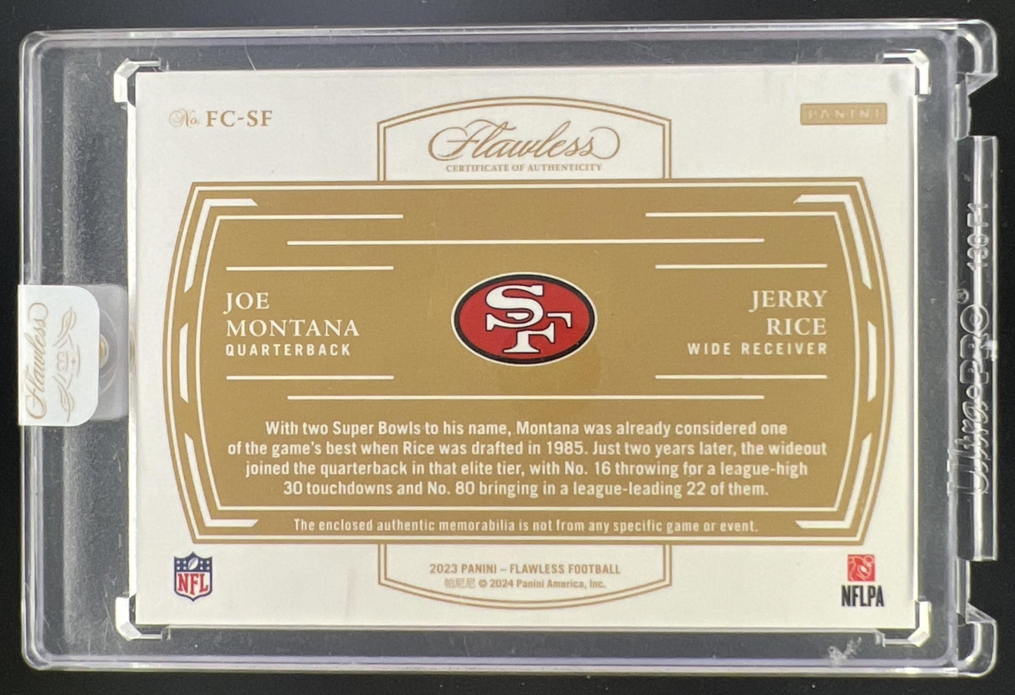 2023 Panini Flawless Joe Montana Jerry Rice Connections Dual Patch /15 #FC-SF