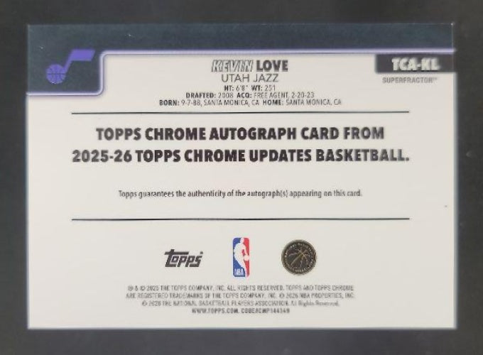 2025-26 Topps Chrome Update Kevin Love Auto SuperFractor 1/1 #TCA-KL Utah Jazz