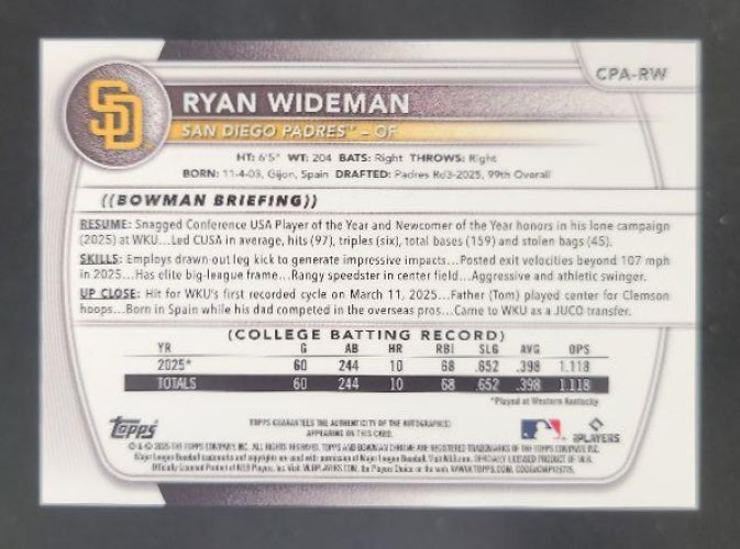 2025 Bowman Draft Ryan Wideman Chrome Auto Blue Wave Refractor /150 #CPA-RW 1st Prospect Padres