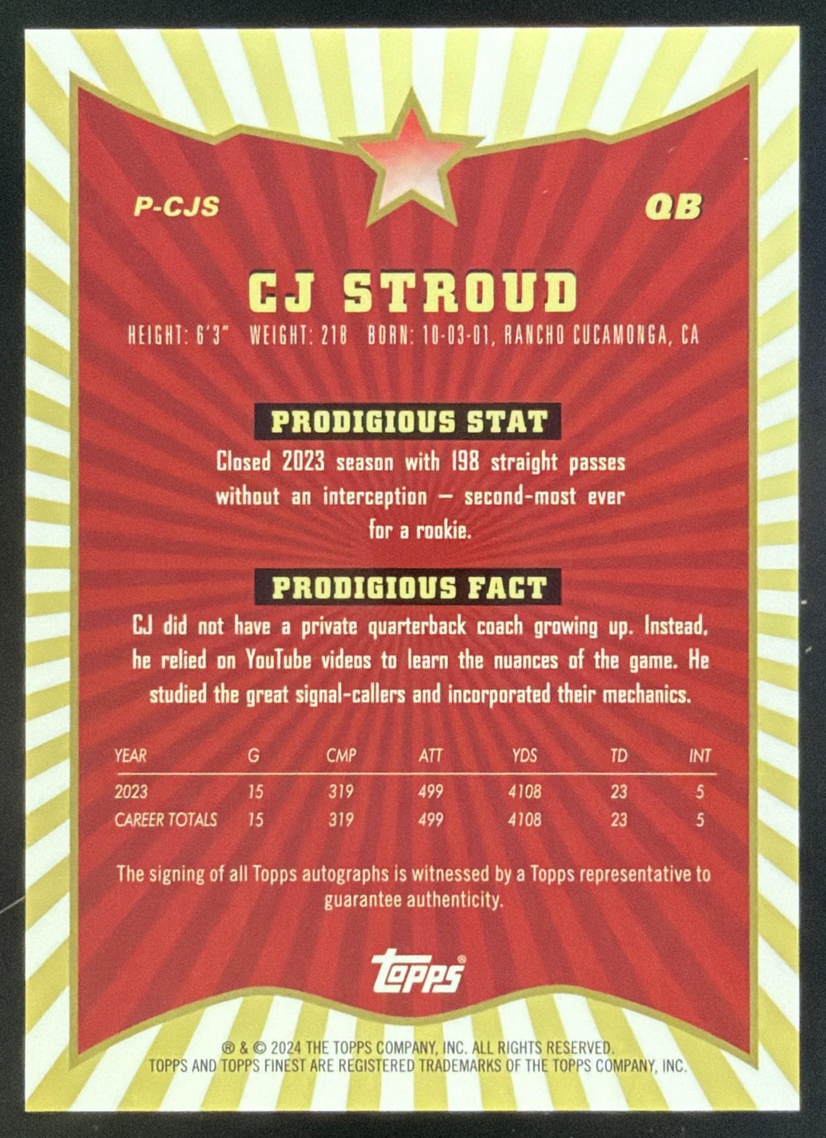 2024 Topps Finest CJ Stroud Prodigies Auto Refractor #P-CJS Houston Texans SC2