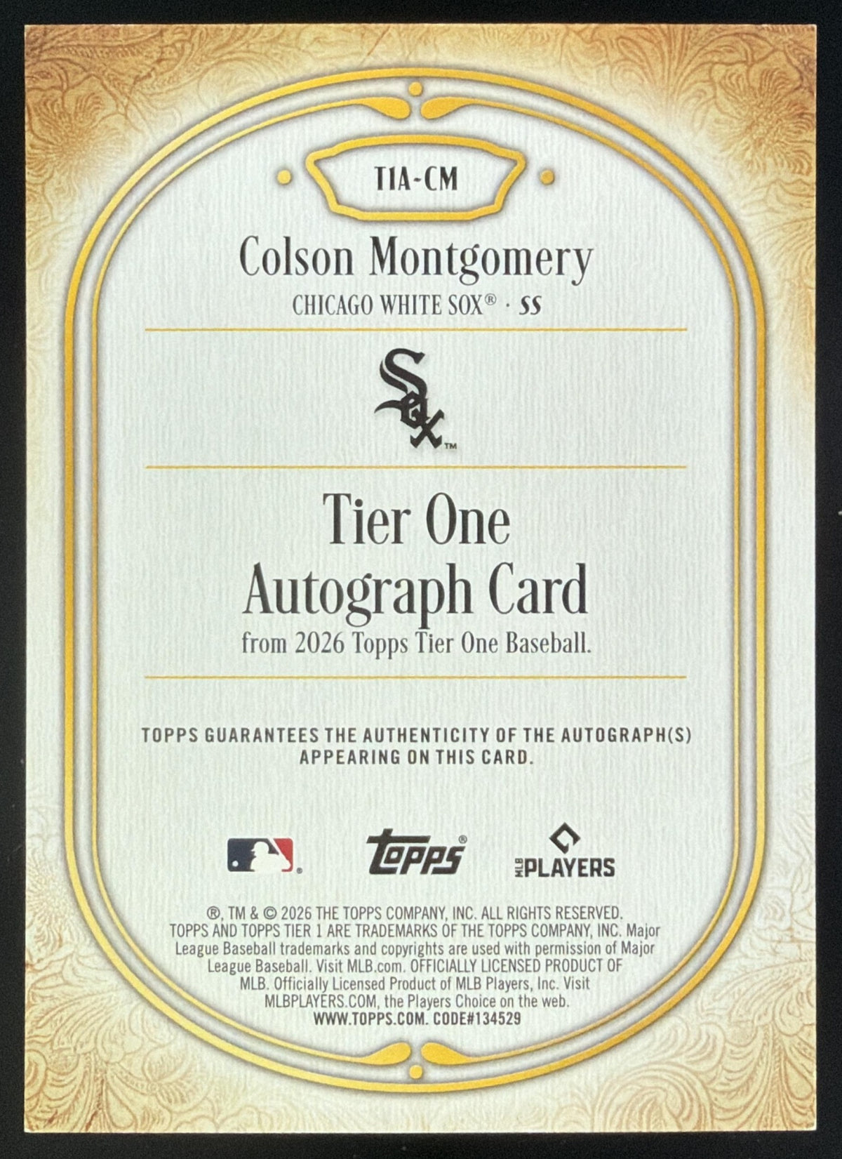 2026 Topps Tier One Colson Montgomery Auto /75 #T1A-CM RC Chicago White Sox SC4
