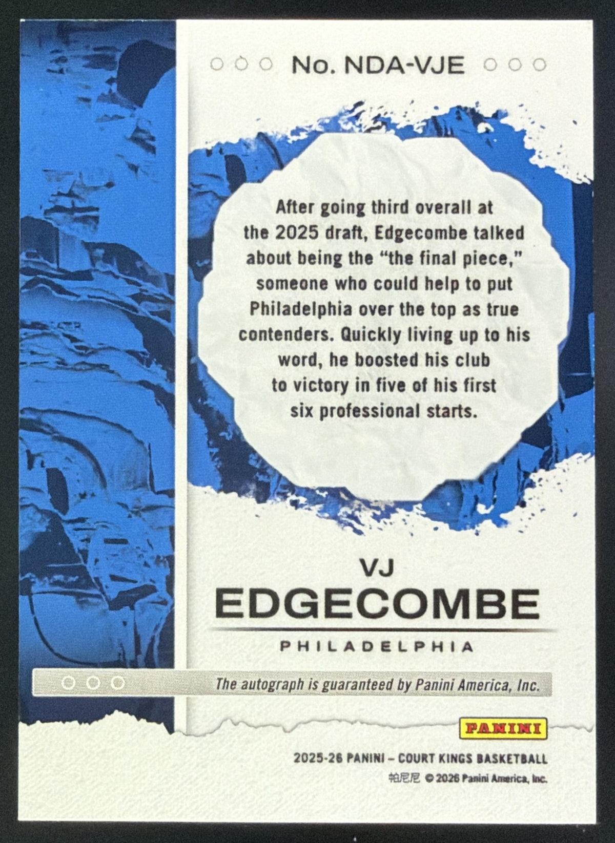 2025-26 Panini Court Kings VJ Edgecombe Next Day Auto #3 Philadelphia 76ers SC5