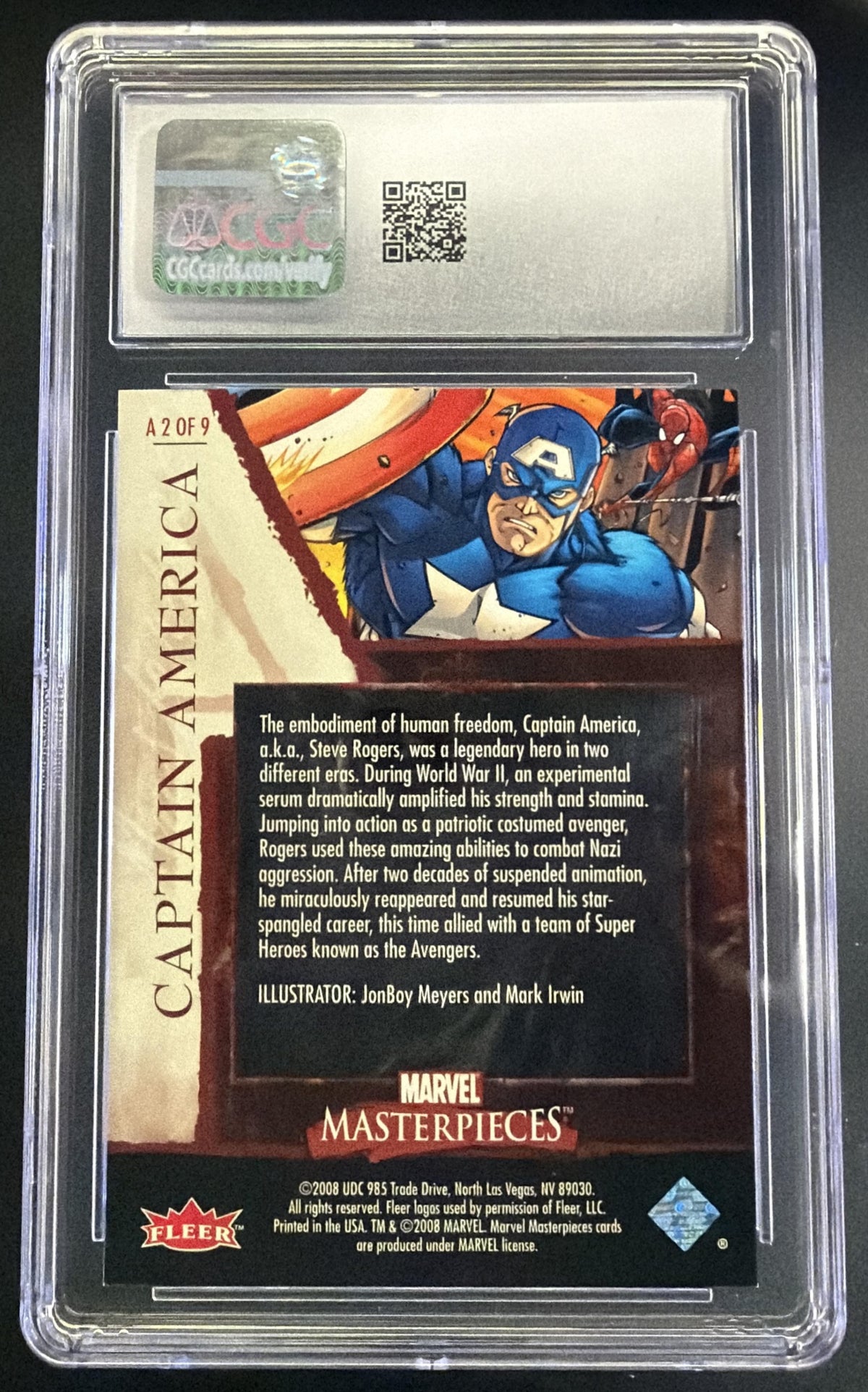 2008 Upper Deck Marvel Masterpieces Set 2 Captain America Avengers #A2 CGC 10 SC7