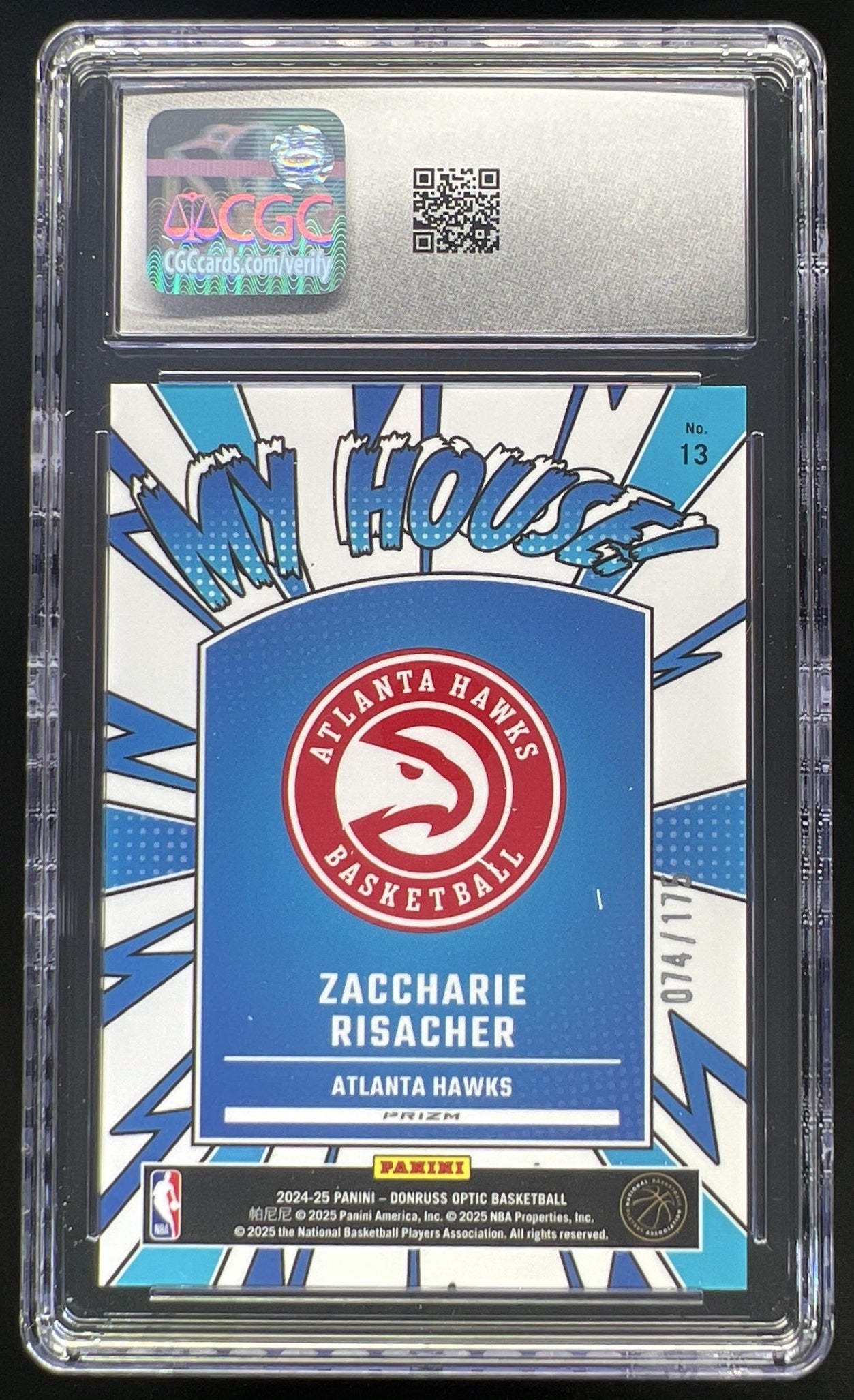 2024 Panini Donruss Optic Zaccharie Risacher My House Hyper Blue /175 #13 RC Hawks CGC 10