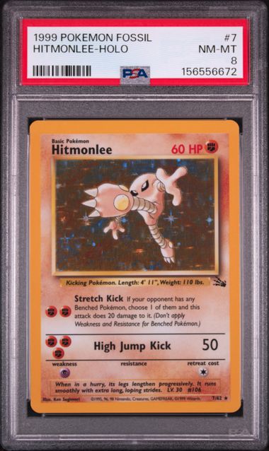 1999 POKEMON FOSSIL #7 HITMONLEE-HOLO PSA 8