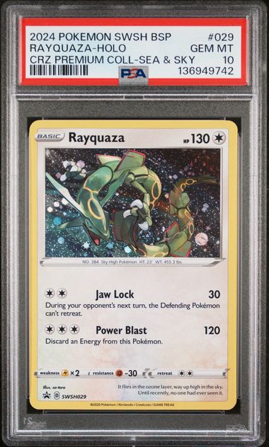 2024 POKEMON SWSH BLACK STAR PROMO #029 RAYQUAZA-HOLO CRZ PREMIUM COLL-SEA & SKY PSA 10