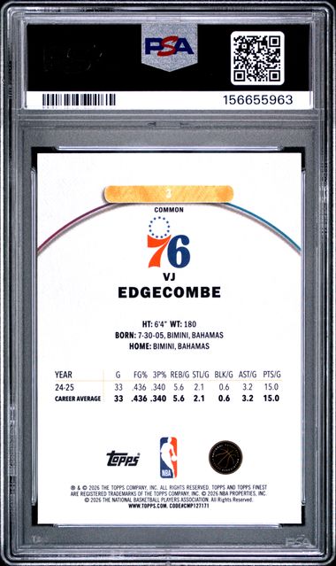 2025 Topps Finest VJ Edgecombe Common Oil Spill Refractor #3 RC 76ers PSA 9