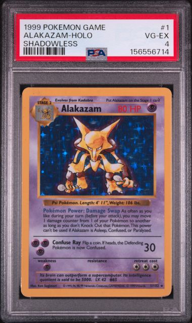 1999 POKEMON GAME #1 ALAKAZAM-HOLO SHADOWLESS PSA 4 SC1