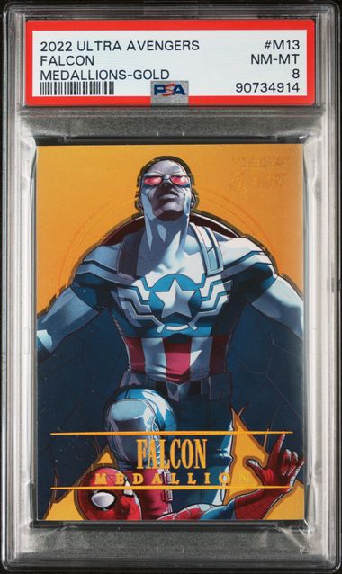 2022 FLEER ULTRA AVENGERS MEDALLIONS #M13 FALCON MEDALLIONS-GOLD PSA 8 SC7