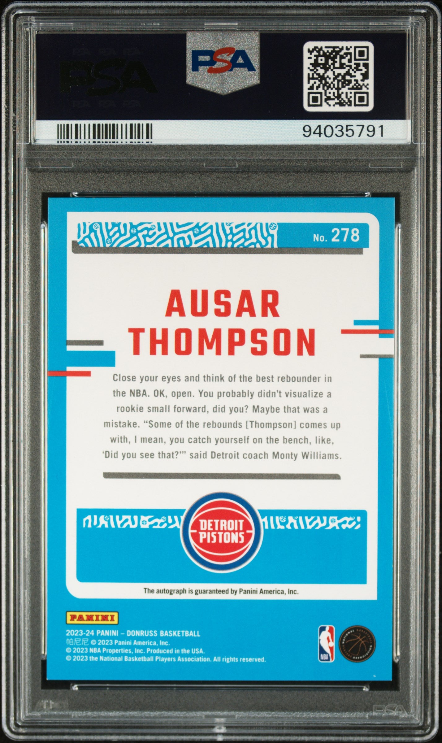 2023 Panini Donruss Ausar Thompson Rated Rookie Choice Auto #278 PSA 10 RC