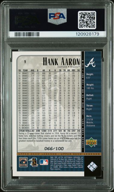 2000 UPPER DECK LEGENDS #9 HANK AARON COMMEMORATIVE COLL. PSA 7
