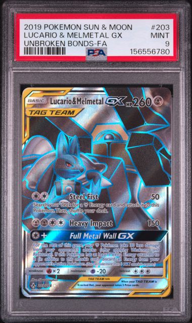 2019 POKEMON SUN & MOON UNBROKEN BONDS #203 LUCARIO & MELMETAL GX UNBROKEN BONDS-FA PSA 9 SC1