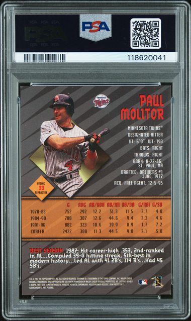 1997 Bowman's Best Paul Molitor Atomic Refractor PSA/DNA Auto PSA 9 - 10 Auto Grade