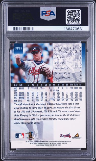 1998 PINNACLE ARTIST'S PROOF #PP18 CHIPPER JONES ARTIST'S PROOF PSA 8