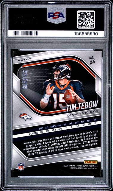 2025 Panini Prizm Black Tim Tebow Red /299 #54 Denver Broncos PSA 10