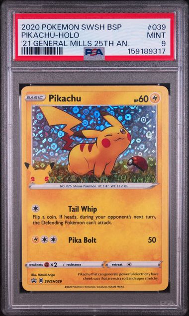 2020 POKEMON SWSH BLACK STAR PROMO #039 PIKACHU-HOLO '21 GENERAL MILLS 25TH AN. PSA 9 SC1