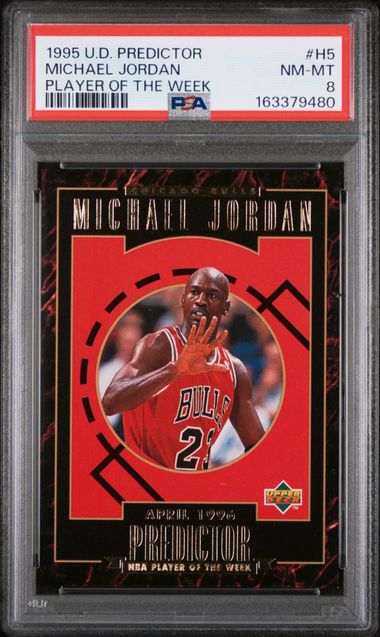 1995 UPPER DECK PREDICTOR PLAYER OF THE WEEK #H5 MICHAEL JORDAN PLAYER OF THE WEEK PSA 8