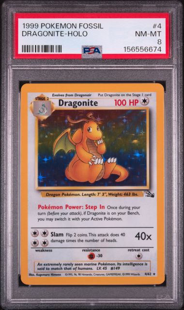 1999 POKEMON FOSSIL #4 DRAGONITE-HOLO PSA 8 SC1