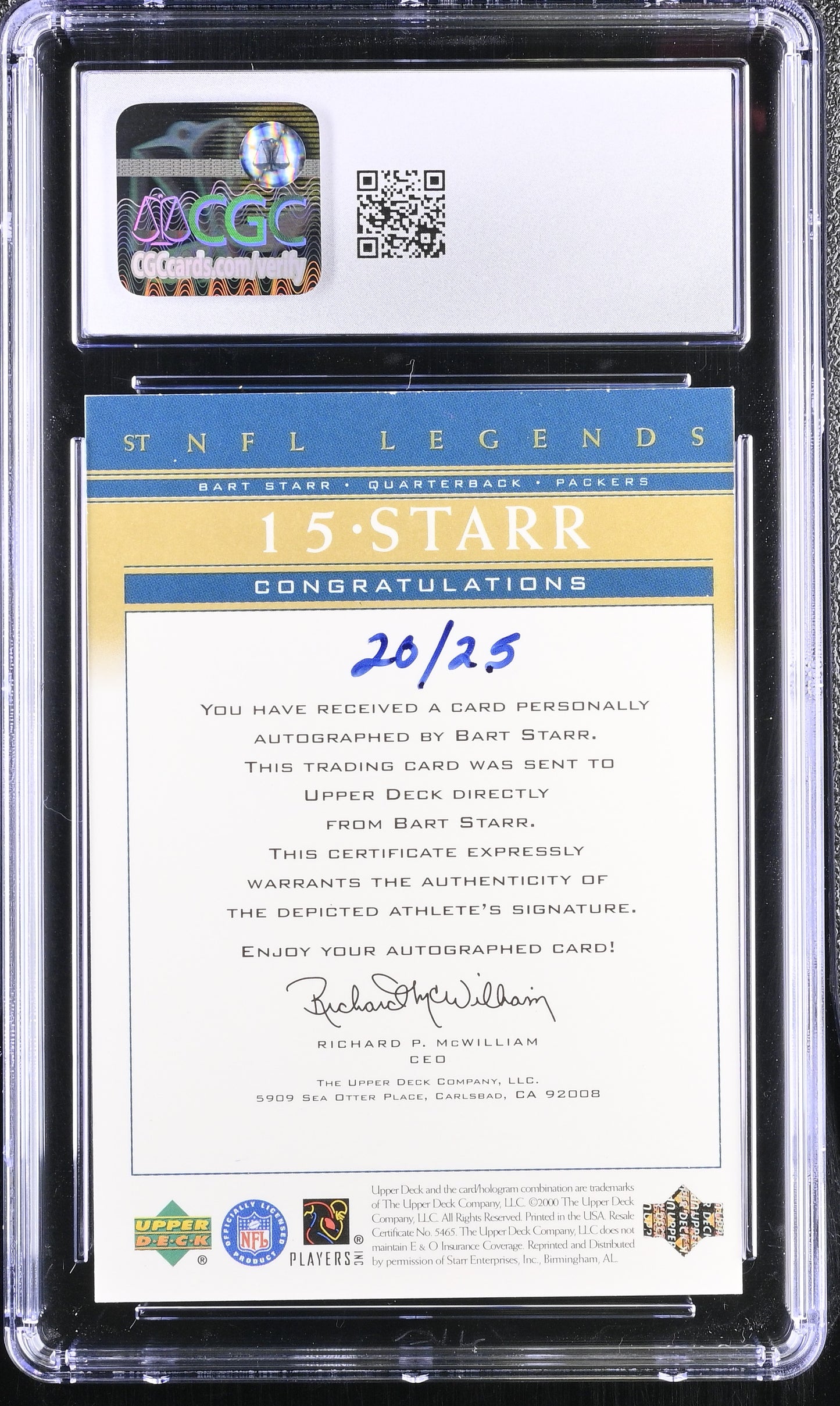 2000 Upper Deck Legends Bart Starr Autograph Gold 20/25 #ST CGC 8 - (Auto Grade 9)
