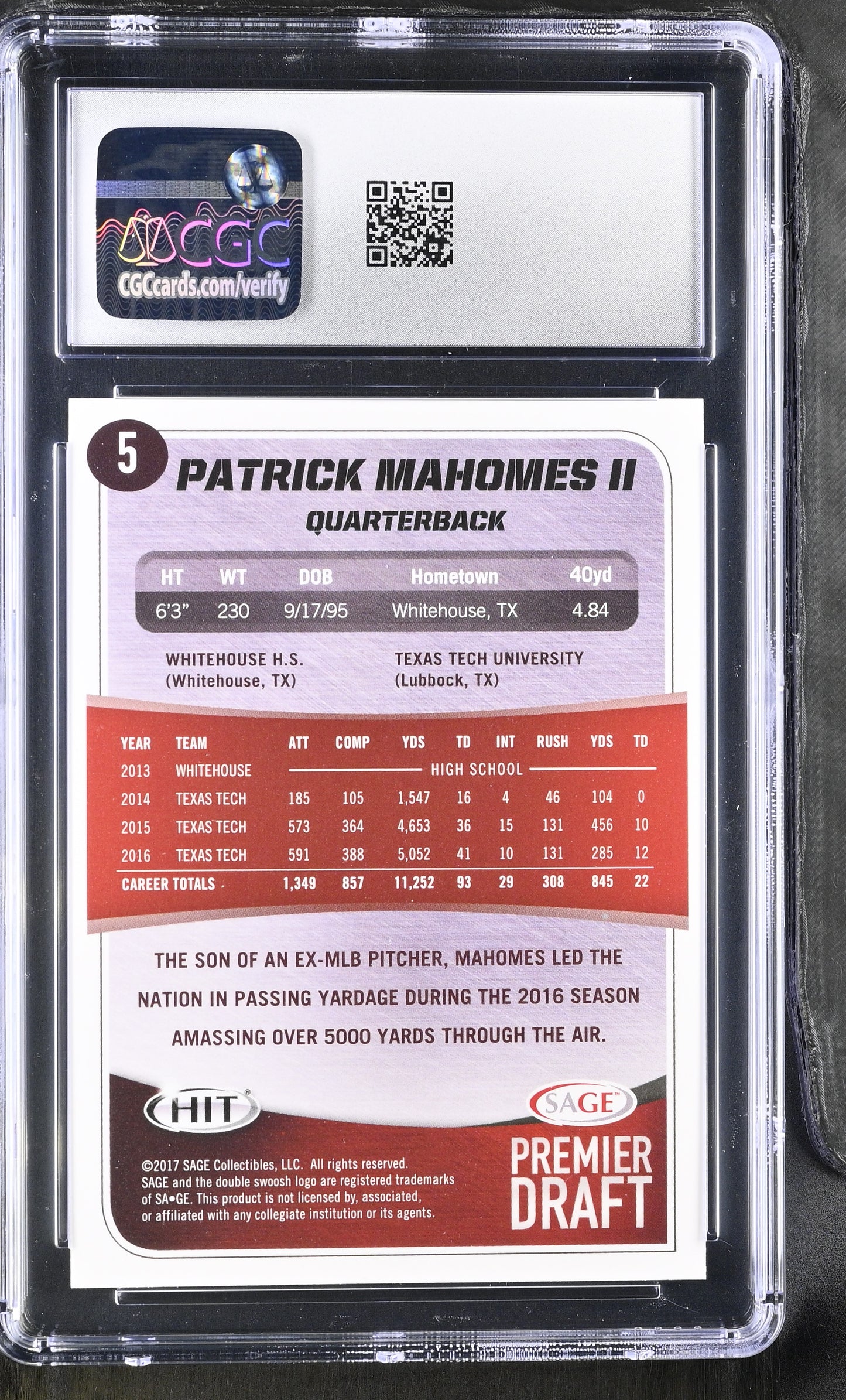 2017 SAGE HIT Premier Draft Patrick Mahomes II Bronze #5 RC CGC 10
