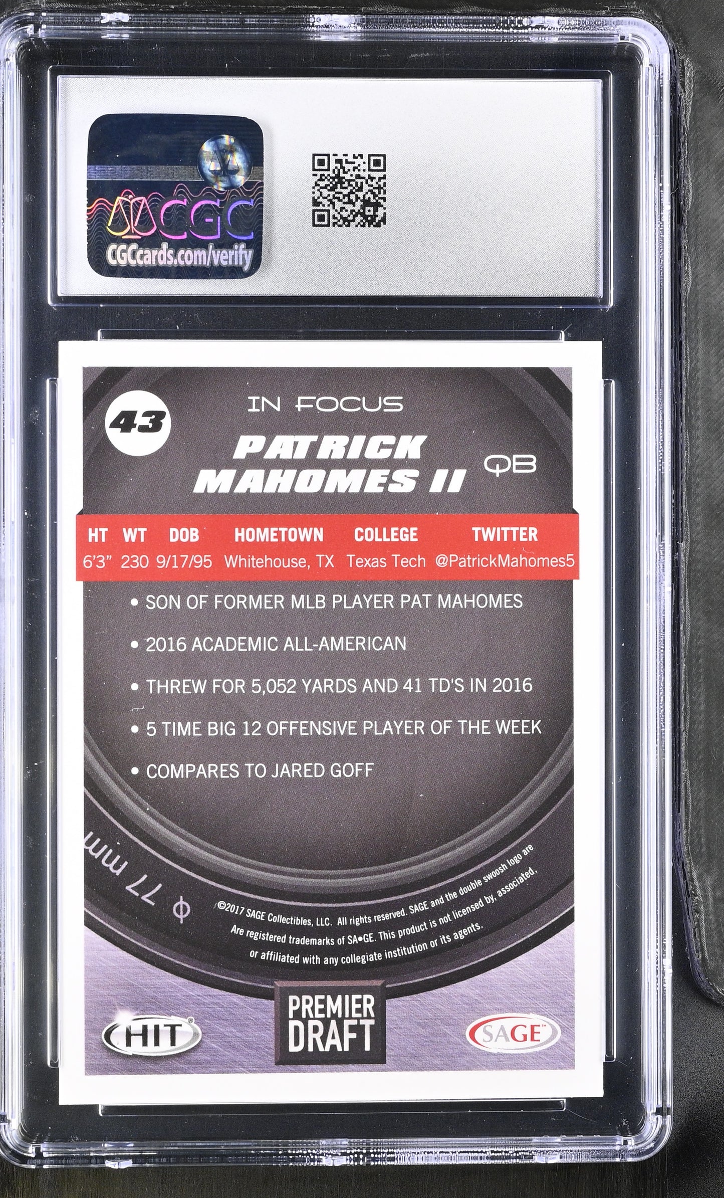 2017 SAGE HIT Premier Draft Patrick Mahomes In Focus Bronze #43 CGC 10